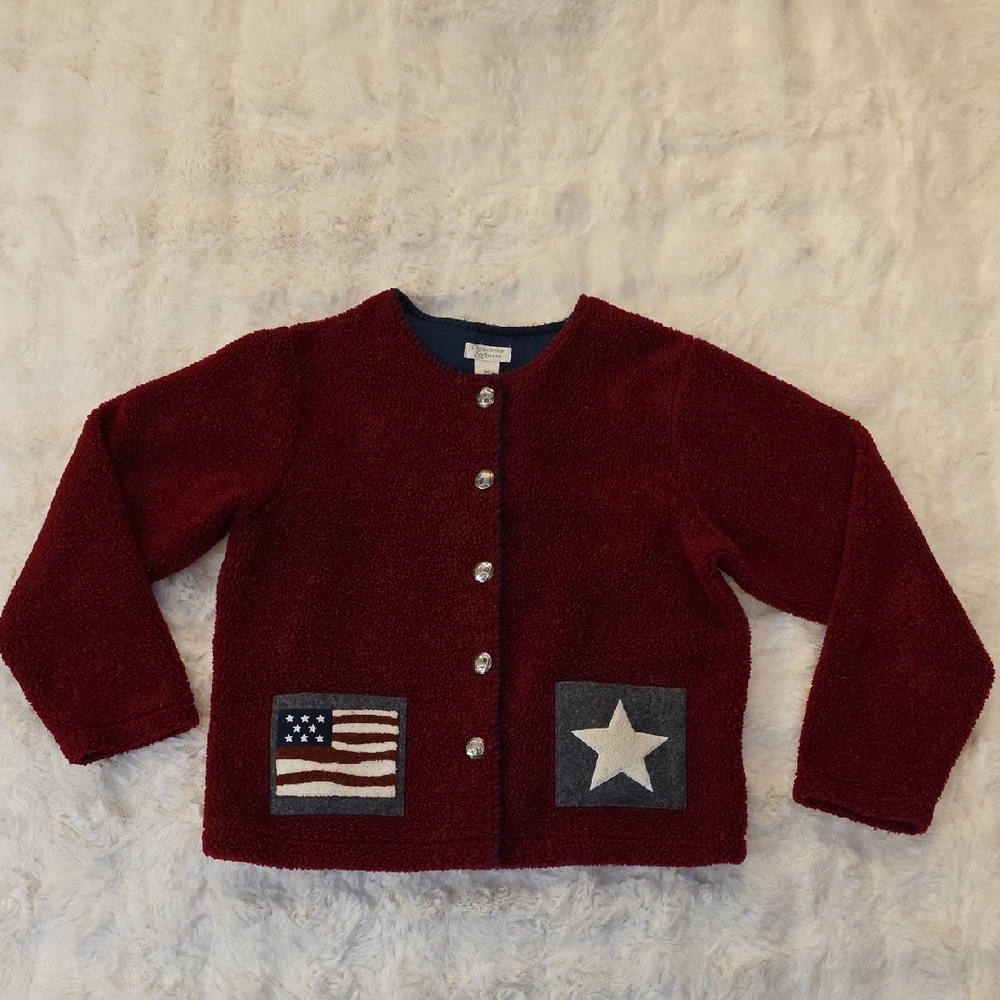 Christopher & Banks Burgundy Button Cardigan with Flag and Star Patches